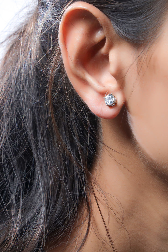 Make a Statement with OLLUU Silver Solitaire Round Diamond Studs | Sterling Silver CZ Earrings